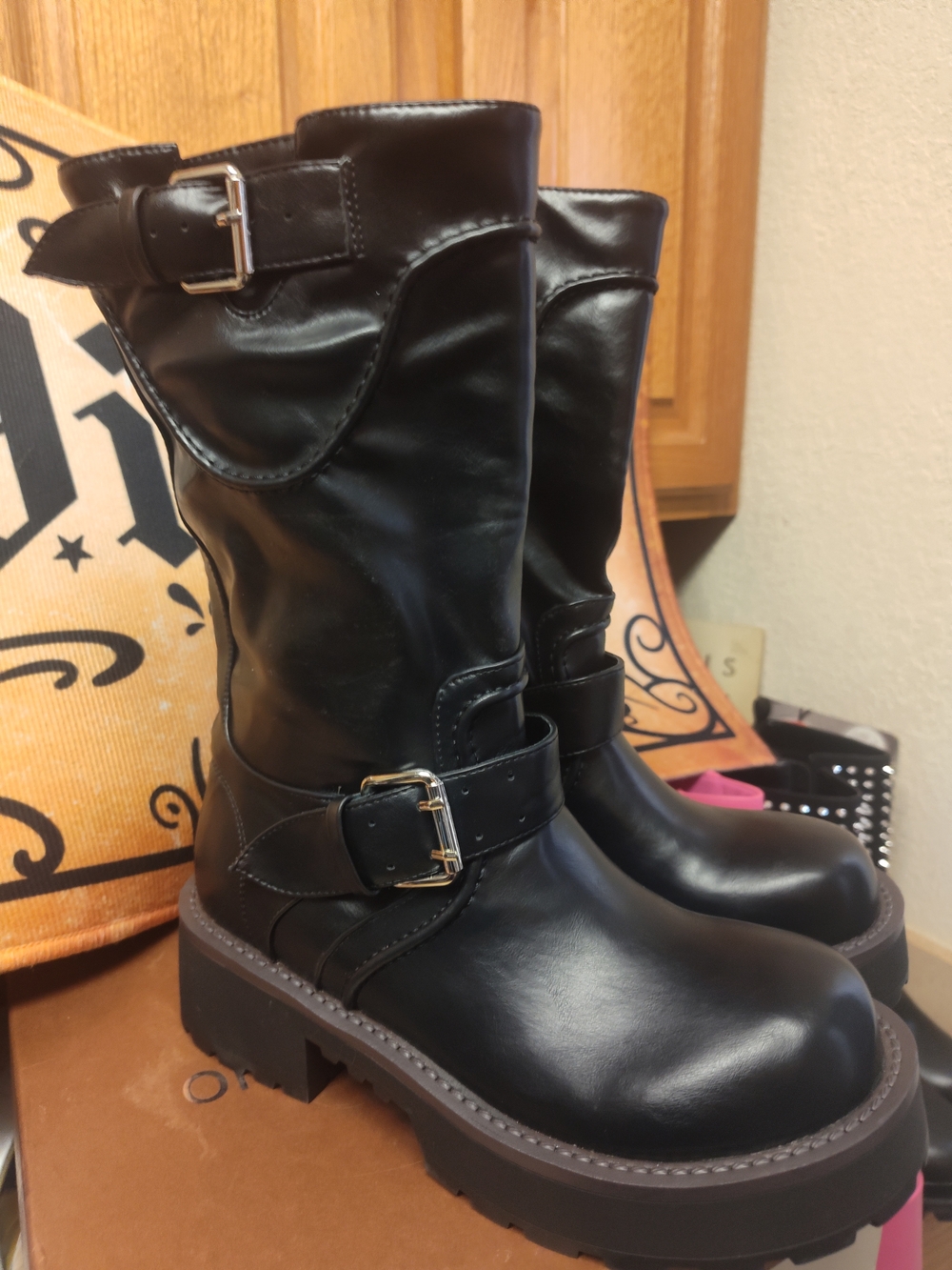 Black Leather Buckle Mid-Calf Women's Boots - Picture 3 of 7